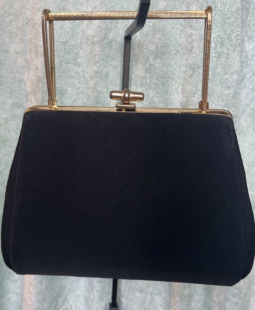 VTG 1950s Black Satin Evening Bag Convertible Folding Gold Bar Handle Clutch